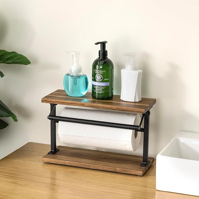 MyGift Premium Solid Acacia Wood Paper Towel Holder with Top Display Shelf and Matte Black Metal Frame, Freestanding Kitchen Countertop Disposable Roll Dispenser Storage Rack