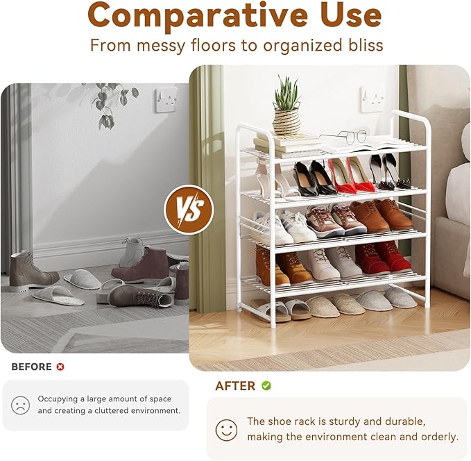Simple Shoe Rack, 4 Tier Heavy Duty Metal Shoe Shelf 27 Inch Wide, White