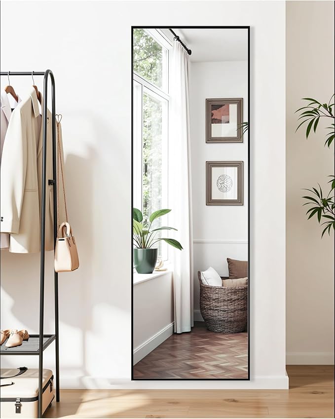 Suidia Full Length Mirror, 56"x14" Floor Standing Mirror Freestanding, Full Body Mirrors with Stand for Bedroom, Hanging Mounted for Living Room Cloakroom, Black, Rectangular Style