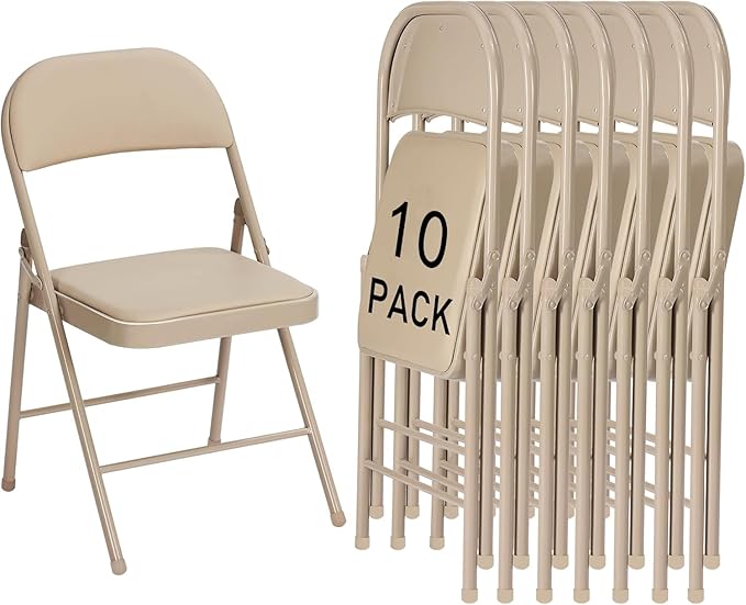Black Folding Chairs 10 Pack, 350LBS Heavy-Duty Steel Frame Padded Foldable Chairs for Indoor Outdoor Wedding Party Dining Events (Khaki, 10Pcs)