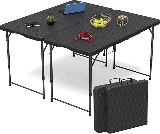 VSOAEIL Set of 2Folding Table 4 Foot for Indoor Outdoor, Portable Heavy Duty Fold-in-Half Utility Small Plastic Adjustable Height Folding with Carrying Handle for Picnic and Party, 2 Pack Matte Black