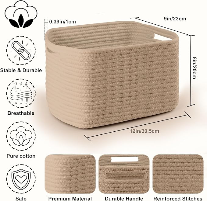 4 Pack Storage Baskets for Organizing, 12''Lx9''Wx8''H Woven Baskets for Storage Toys, Towels, Books, and Clothes, Cotton Rope Basket for Shelves with Handle White & Brown