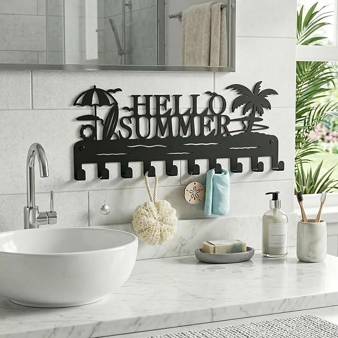 Metal Key Holder Wall Mount, Coastal Tropical Key Rack Hooks, Hello Summer Beach Wall Art Organizer for Entryway, Kitchen, Hallway, Garage, Farmhouse Home Decor & Housewarming Gift (Hello Summer)