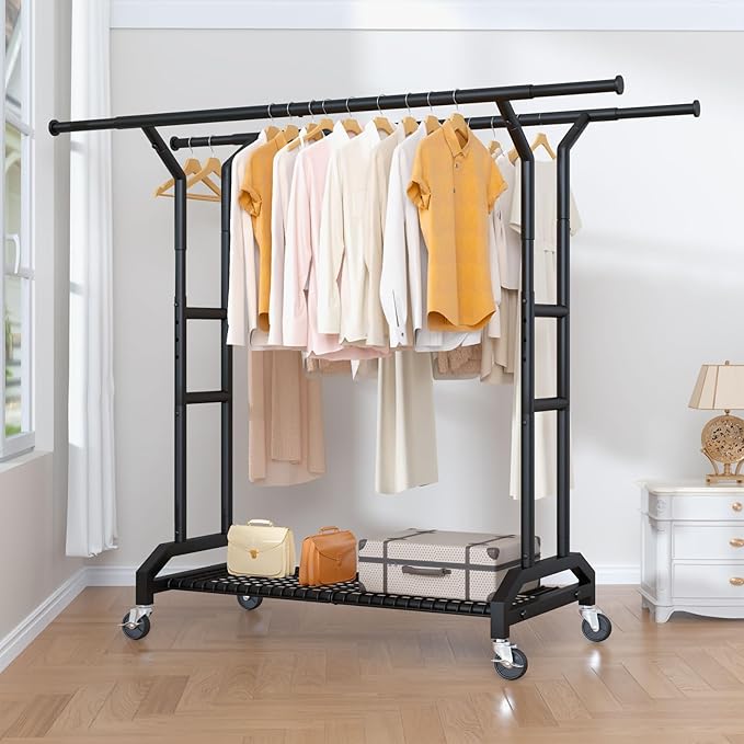 Wiracks Heavy Duty Clothes Rack Double Clothing Rack 450lbs Capacity 3" Industrial Wheels 51"-71" L X 19.7" D X 73"-79" H Stury Rolling Clothes Rack Adjustable Rolling Garment Rack Black