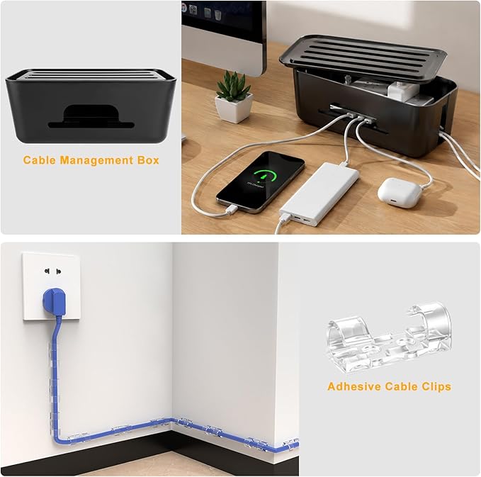 353 PCS Cable Management Kit - 1 Cable Management Box, 4 Cable Sleeve Split, 130 Adhesive Cable Clip, 17 Cable Holder, 1 Roll Cable Organizer Strap, 150 Cable Tie with 50 Mount, for Computer Desk TV