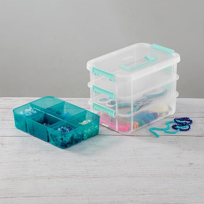 Sterilite 24 Pack Plastic Storage Box Container, 3 Layer, Stack and Carry, Clear/Blue
