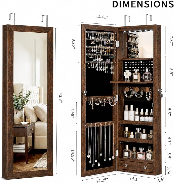 Over the Door Jewelry Organizer, Wall Mounted Jewelry Cabinet, Hanging Mirror with Storage Box, Wall/Door Mounted Full Length Mirror with LED