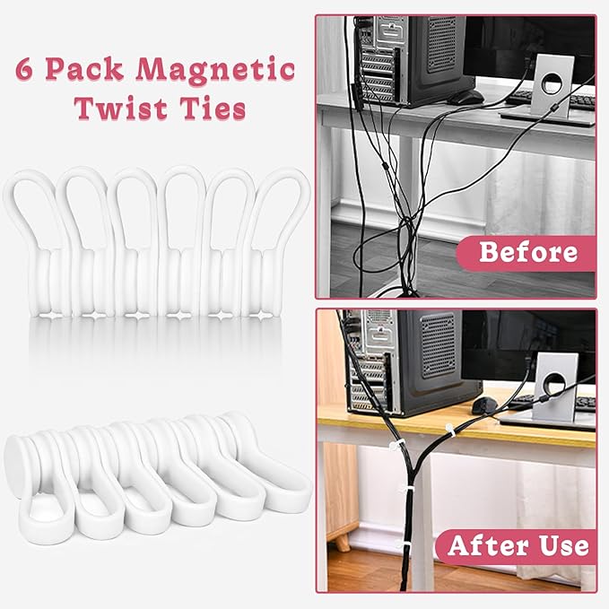 Viaky 6PCS Silicone Cable Straps Reusable Twist Noticeboard Fridge Magnets Ties Earbuds Cord Winder Wrap Bookmark Clips Wire Organizer In Office, Home, School, Kitchen (White)