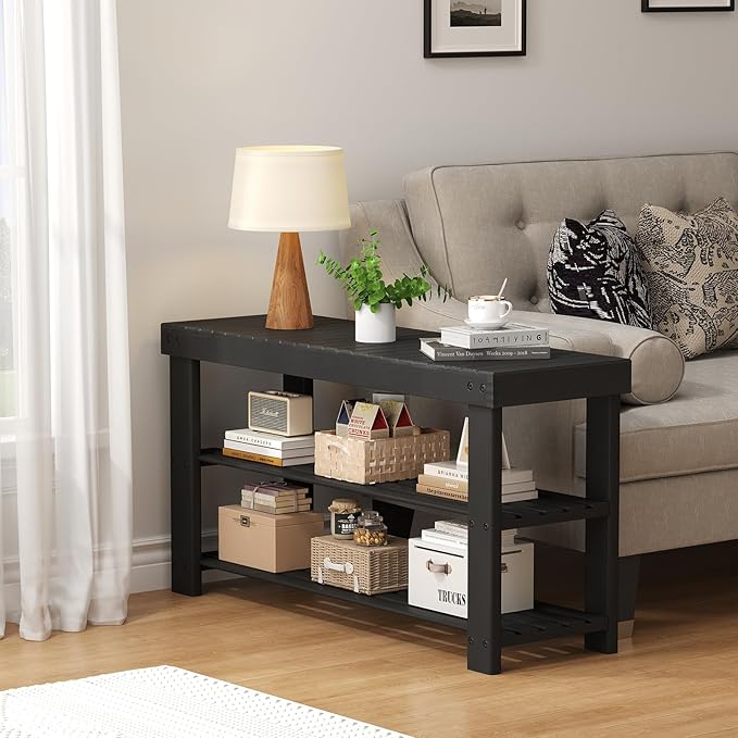 NEWBULIG Shoe Rack Bench, 3-Tier Bamboo Shoe Organizer, Wooden Entryway Storage Bench, 286 lb Load Capacity, 11.2x35.5x17.9 Inches, for Entryway Bathroom Bedroom Balcony, Black