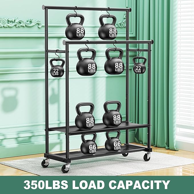 Rolling Clothes Rack with Doule Rod for Hanging, Heavy Duty Metal Garment Rack Load 350 LBS with Lockable Wheel, Free Standng Clothing Rack with 2 Shelves and Side Hooks for Home Commercial, Black