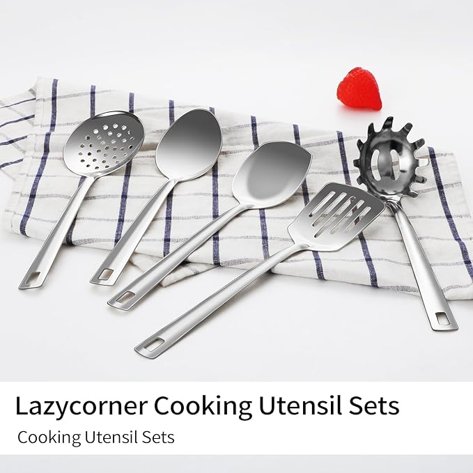 Lazycorner Cooking Utensil Set 11 Pcs Stainless Steel Kitchen Utensils Set Wok Utensils Kitchen Tool Set Spatula Set Heat Resistant Metal Kitchen Tools Ergonomic HandleEasy to Clean Dishwasher Safe