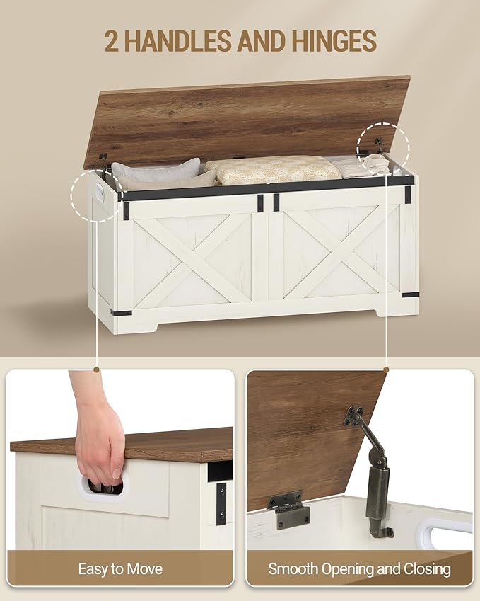Hzuaneri 42.9" Storage Chest, Large Storage Trunk with 2 Hinges, Farmhouse Wooden Box Bench, Lift-Top Organizer Chest, Entryway Trunk for Bedroom, Living Room, White and Brown SB10914X