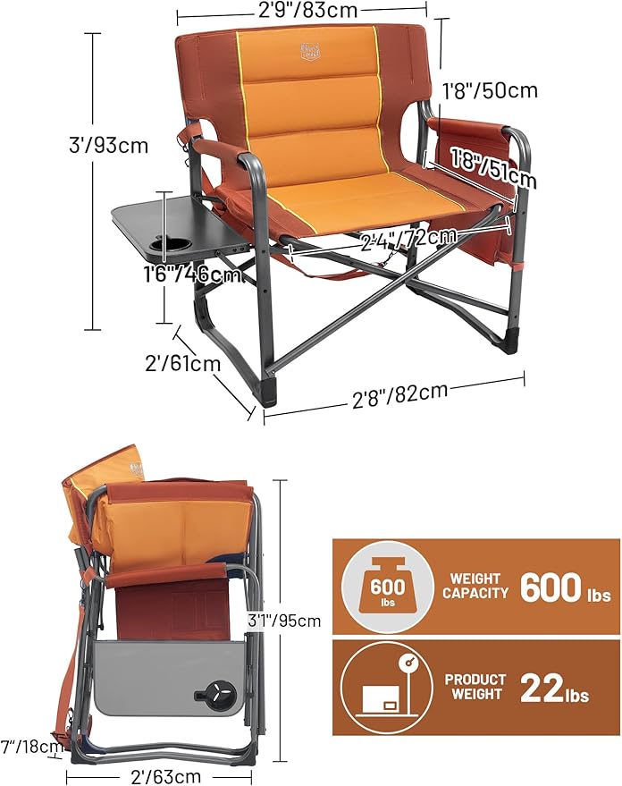 Timber Ridge XXL Upgraded Oversized Directors Chairs with Foldable Side Table, Detachable Side Pocket, Heavy Duty Folding Camping Chair up to 600 Lbs Weight Capacity (Orange) Ideal Gift
