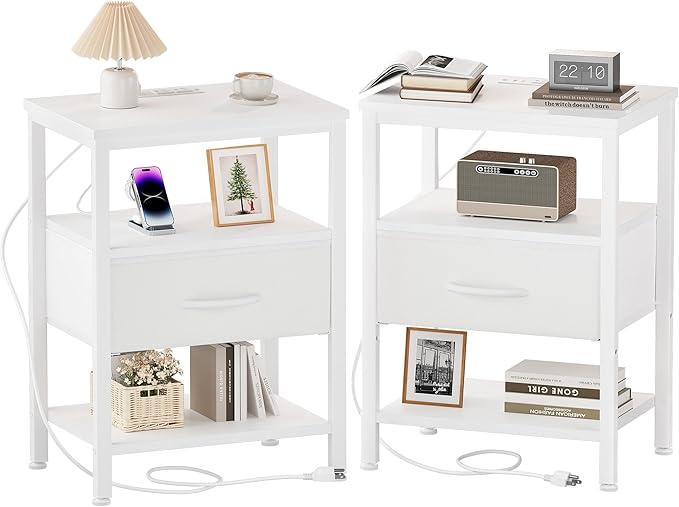 DUMOS 3-Tier Storage, Bed Side Tables with Wireless Charging Station, End Tables with Adjustable Fabric Drawers, Nightstand Set of 2, Modern Design, White