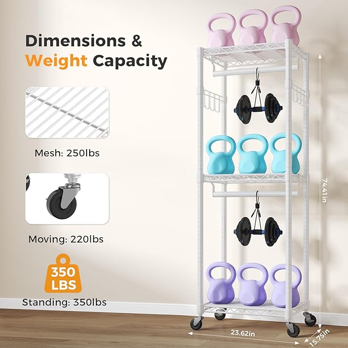 NEWBULIG Heavy Duty Adjustable Clothes Rack with Wheels, Adjustable Rolling Metal Freestanding Garment Closet Organizer with Double Rods & 2 Side Hooks for Hanging Clothes, 23" x 15" x 75", White