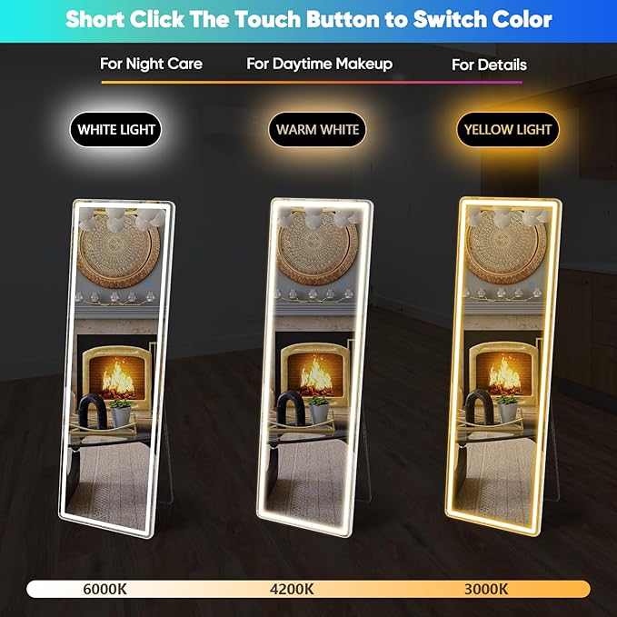 OLIXIS 16"×60" LED Full Length Mirror with Lights, Standing Lighted Floor Full Body Mirror with 3 Color Lighting, Wall Mounted Mirrors for Bedroom, Home, Entryway with Tempered Glass