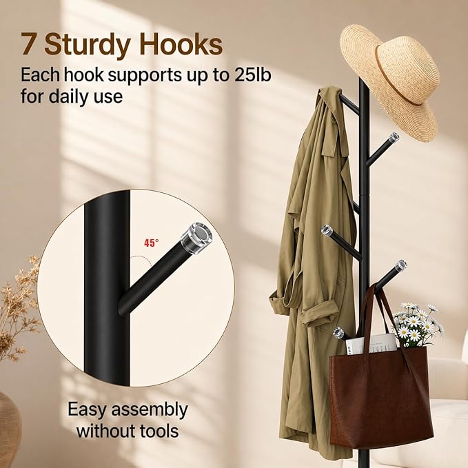 Heavy Duty Freestanding Coat Rack, Modern Hall Tree,7 Hooks, 3 Adjustable Height, Sturdy Metal Clothes hook stand with base for Entryway Bedroom Office for Coats Hats Handbags and Purses, Black