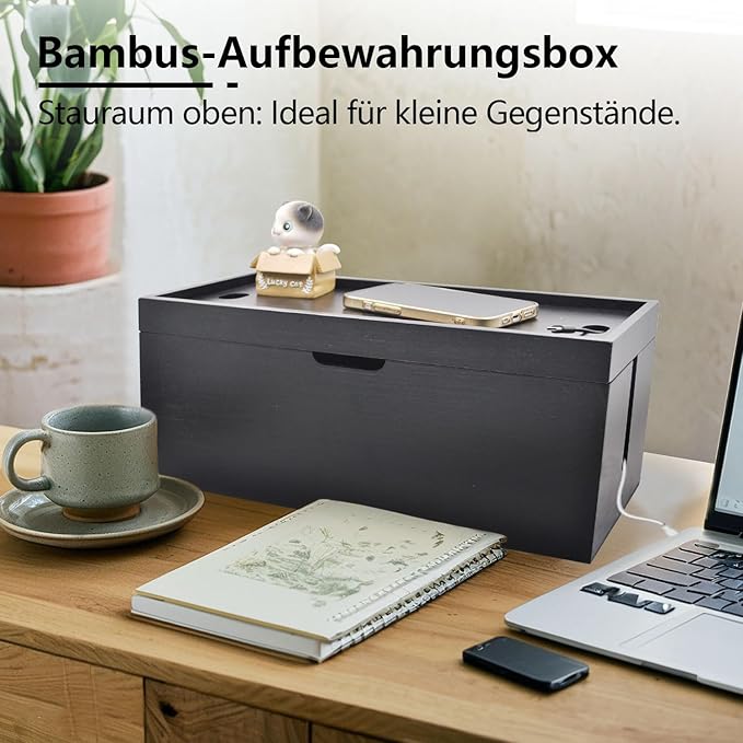 15 inch Bamboo Large Cable Management Box, Cable Box Organizer Cord Box Hider - Power Strip Box Hider Cable Storage Box for Office, TV Wires, Desk Cord Organizer, No Assembley Required, Bamboo (Black)