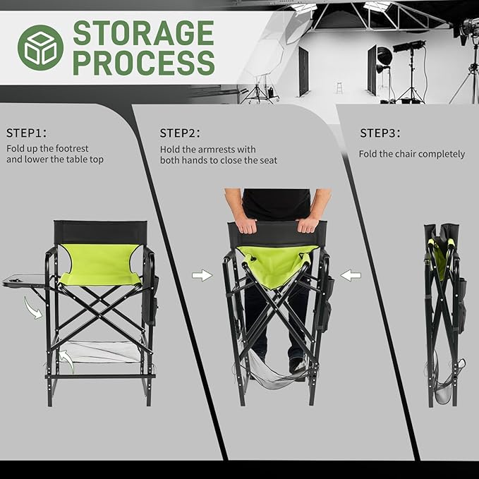 Outvita 4 Piece31 Tall Directors Chair Height Seat Folding with Side Table Storage Bag, Support for 300Lbs Portable Makeup Artist Chair with Bar Height(Green/Black)