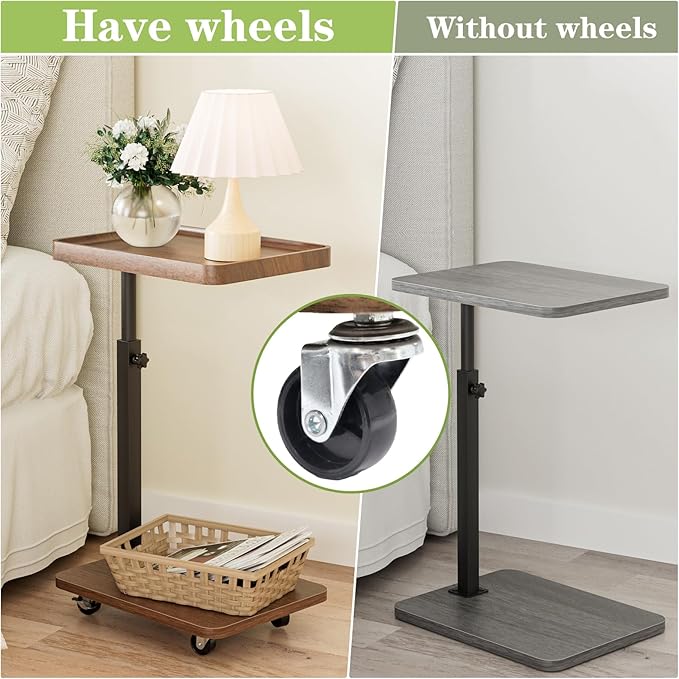 TV Tray Table for Eating,Sofa Armrest & 360° Swivel &Height Adjustable End Side Table for Couch,Snack Table for Sofa, Bedroom, Living Room, C Shaped End Table(Brown+Black)
