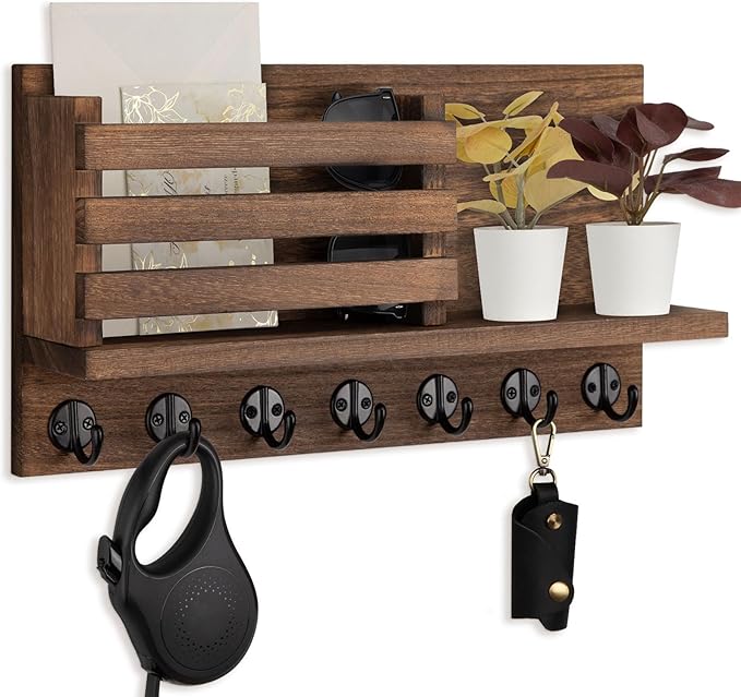 Lwenki Key Holder for Wall – Decorative Wooden Mail Holder and Key Shelf with Mounting Hardware, Installation Guide – Paulownia Wood with Metal Key Hooks (Brown, Extra Large - 15.6inch)
