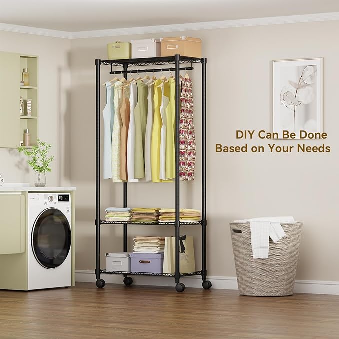 Moogiitools Heavy Duty Rolling Garment Rack 3 Tiers Adjustable with 25mm thick iron pipe,Freestanding Wardrobe Closet Storage Metal for Clothing Hanging （Set of 4 Brake Caster Wheels Included)