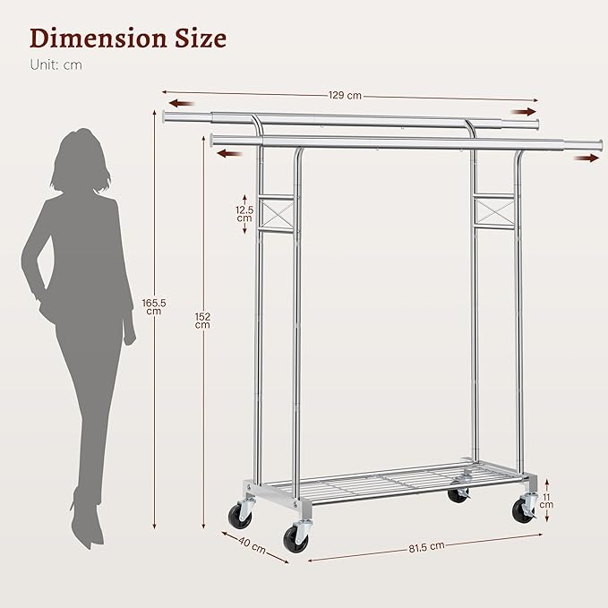 FAVOOSTY Clothes Rack for Hanging Clothes Double Rods, Rolling & Extending Clothing Rack with Wheels, Garment Coat Rack Freestanding, Portable Clothes Rack, Sliver