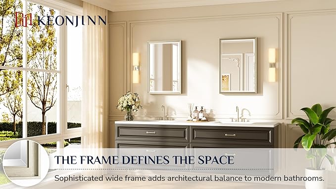 Keonjinn 20" x 30" Brushed Nickel Bathroom Mirrors for Over Sink, Silver Vanity Mirror for Wall, Thick Metal Framed, Beveled Edge Tempered Glass, Modern Farmhouse Rectangle Mirror for Bathroom Decor