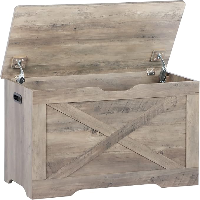 Timberer Storage Chest, Wooden Storage Bench, Entryway Shoes Bench with 2 Safety Hinges, Retro Storage Trunk for Living Room,Bedroom, 15.7 x 31.5 x 18.9 Inches, Grey