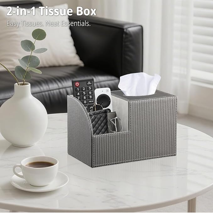 Square Tissue Box Cover with Storage, PU Leather Cube Tissue Box Holder, Remote Control Nightstand Organizer, Modern Desk Caddy for End Table, Bathroom, Bedroom, Home, Office Decor