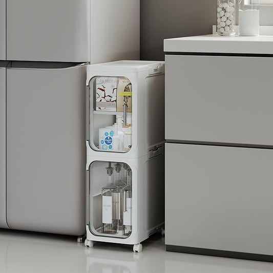 2-Tier Narrow Storage Cabinet, Slim Bathroom Storage Cabinet with Adjustable Shelves and Wheels, Narrow Organizer for Small Space, Bathroom, Kitchen, Laundry, White