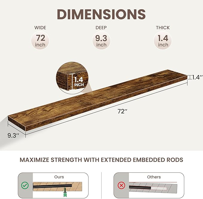 72 Inch Floating Shelves for Wall Set of 1,9.3" Deep Wall Shelves,Rustic Wood Wall Mounted Book Shelves with Invisible Brackets,Extra Long Floating Shelf for Living Room,Office,Bedroom,Rustic Brown