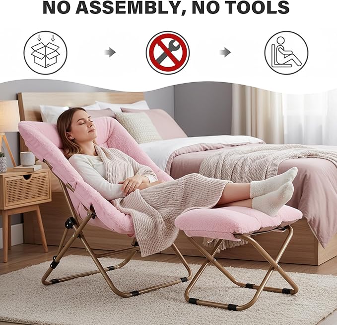 Tiita Folded Chair with Straight Ottoman, Soft Faux Fur Oversized Folding Accent Chair,Lazy Chair, Metal Frame Moon Chair for Bedroom, Living Room, Dorm Rooms, Garden and Courtyard, Pink