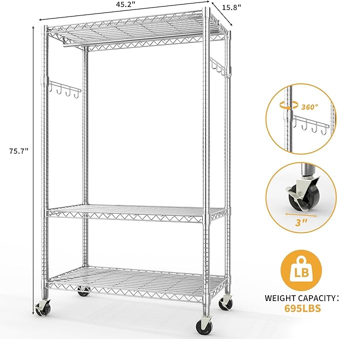 IDEALHOUSE Homdox Heavy Duty Rolling Clothing Rack, Adjustable Garment Rack with 3-Tier Storage Shelves, Freestanding Closet Organizer for Hanging Clothes, Metal Wardrobe Rack with Side Hooks, Silver