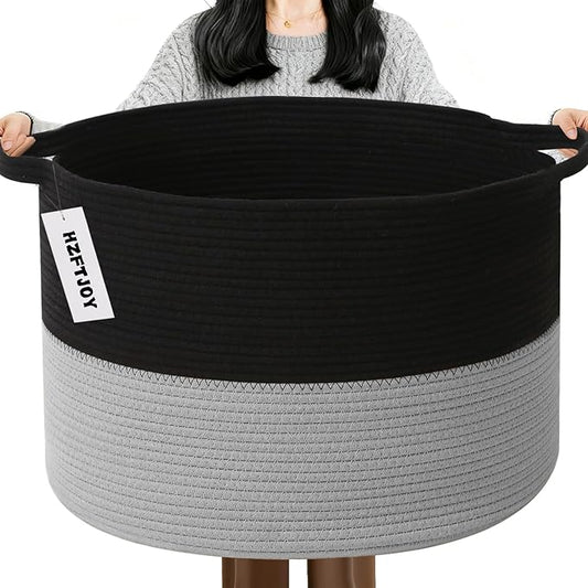 115L Large Blanket Basket,Woven Rope Laundry Basket Hamper with Handles, Decorative Nursery Basket Storage Bin for Toys, Clothes Organizer, Living Room, Bedroom, Bathroom, Black&Light Grey