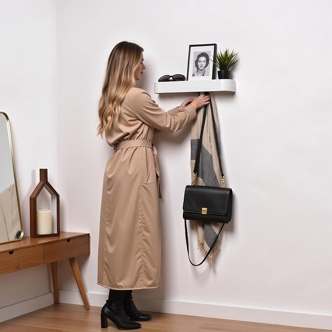 xympo Modern Wall-Mounted Coat Rack with Shelf – Heavy-Duty Steel, 5 Sturdy Hooks, Powder-Coated Finish, Space-Saving Entryway Organizer with Mounting Hardware – Sleek & Minimalist Design (White)