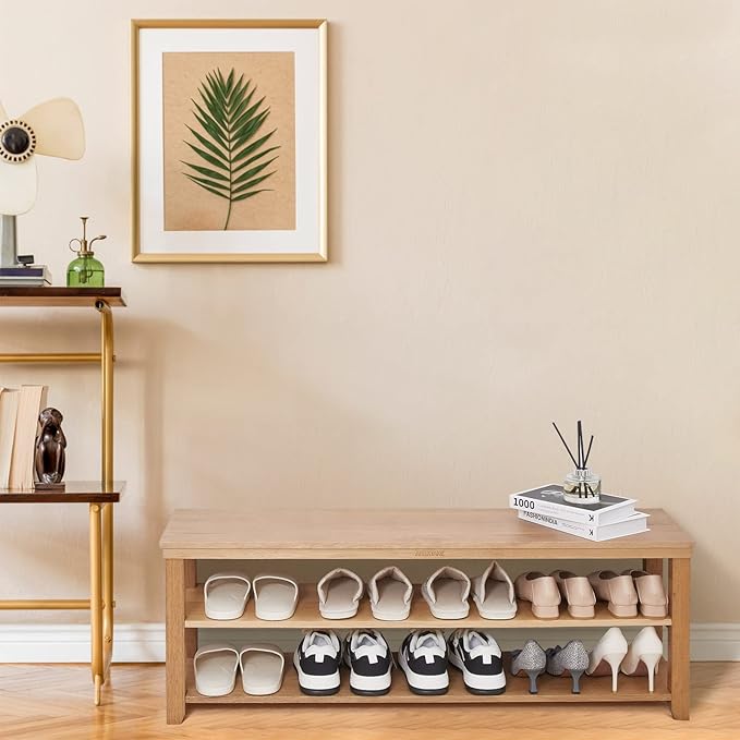 Shoe Rack Solid Wood Bench, 2-Tier Real Wooden Heavy Duty Shoe Storage Organizer Shelf for Entryway, Hallway, Mudroom, Living Room,Bedroom (Natural, 11.81"X39.4"X16.54")