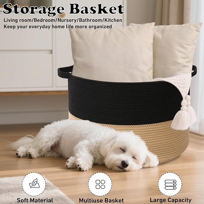 115L Extra Large Blanket Basket,Woven Rope Laundry Basket Hamper with Handles, Decorative Nursery Basket Storage Bin for Toys, Clothes Organizer, Living Room, Bedroom, Bathroom, Black&Camel
