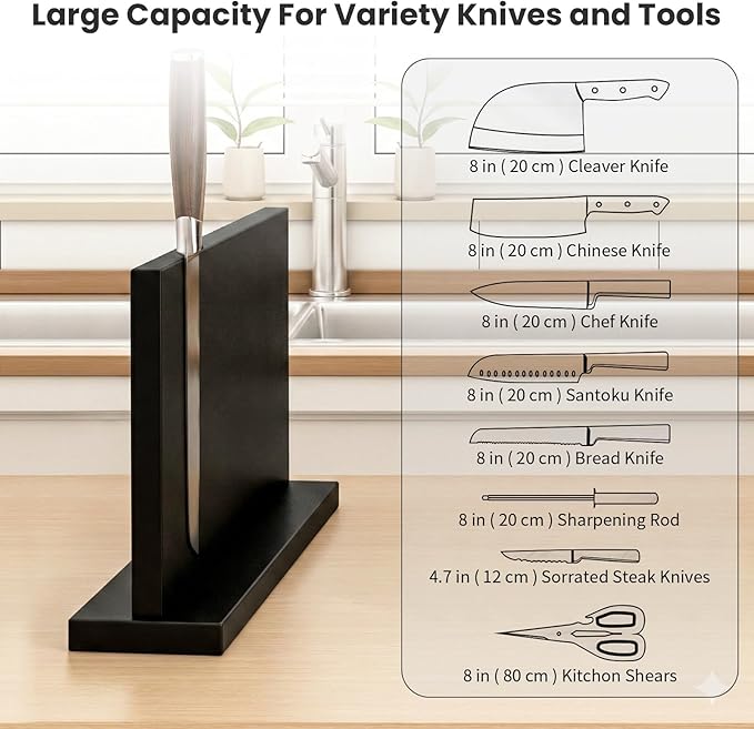 THMINS Extra Large Magnetic Knife Holder, Double-Sided Magnetic Knife Block Universal Multi-function Display Rack for Kitchen Counter (Black)