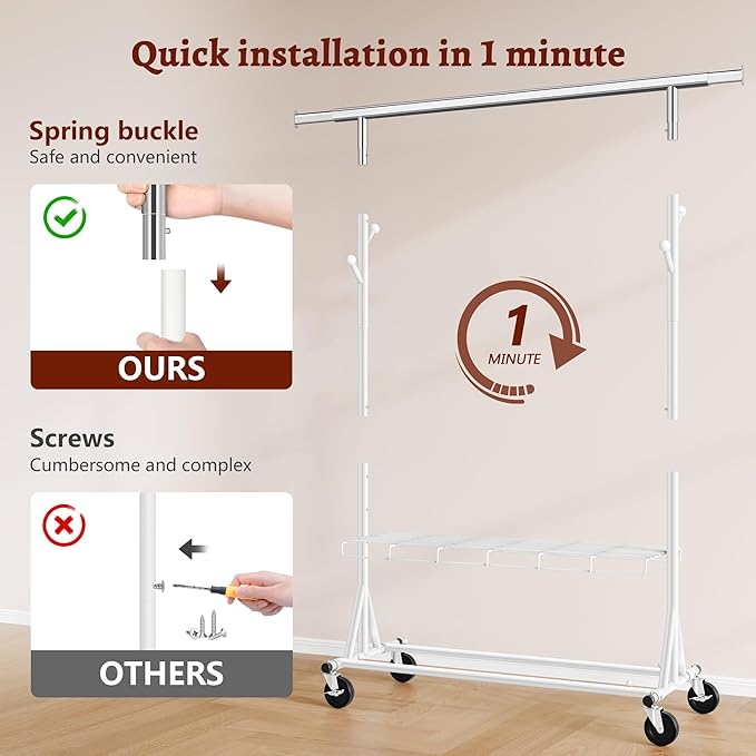 FAVOOSTY Heavy Duty Clothes Rack for Hanging Clothes, Rolling & Extending Clothing Rack with Wheels, Garment Coat Rack Freestanding, Portable Clothes Rack, White