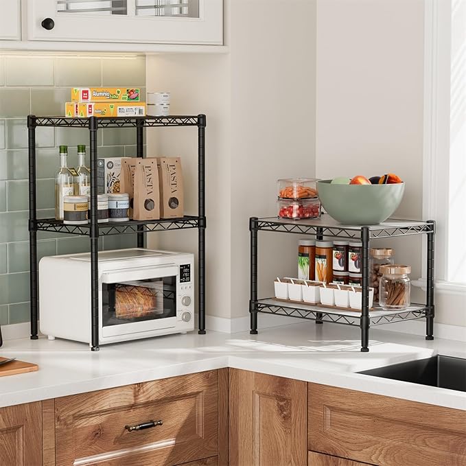 Golpart Small 2 Tier Shelves Storage Wire Shelving Unit Metal Shelf Adjustable Organizers Storage Shelving for Bathroom Laundry Room Kitchen Pantry12”D x 18”W x 12.2”H Black