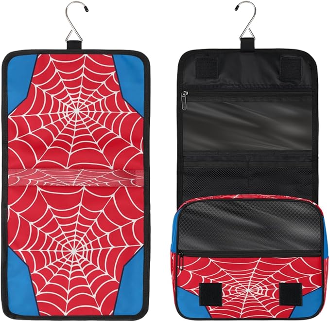 AUUXVA Kids Hanging Toiletry Bag for Boys - Waterproof Travel Cosmetic Organizer Makeup Pouch for Girls Shower Wash Bags with Hanging Hook Toiletries Storage Bag(Red Spider Web)