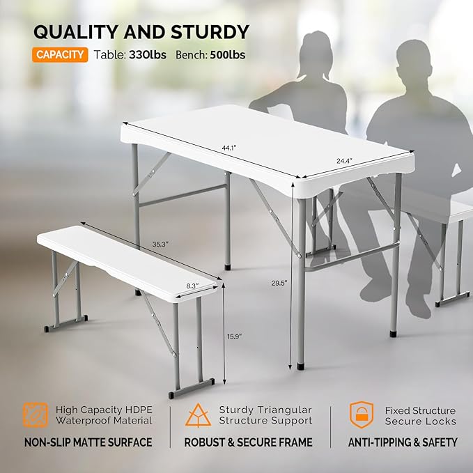 VINGLI Picnic Table Set with 2 Benches, 6 Feet Camping Table Chair Set, Heavy-Duty HDPE Material with Metal Frame, 3-Piece Folding Furniture for Indoor or Outdoor Use (3.5ft White)