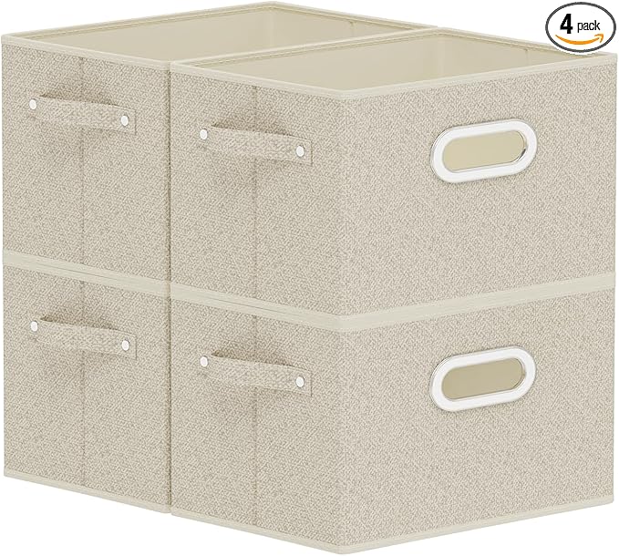 Open Storage Baskets, Collapsible Cube Bins, Fabric Container Organizer with Metal Handles, Boxes for Shelves, Closet, Living Room, 10.2x7.9x6.7in, Grey and Beige, 4 Pack