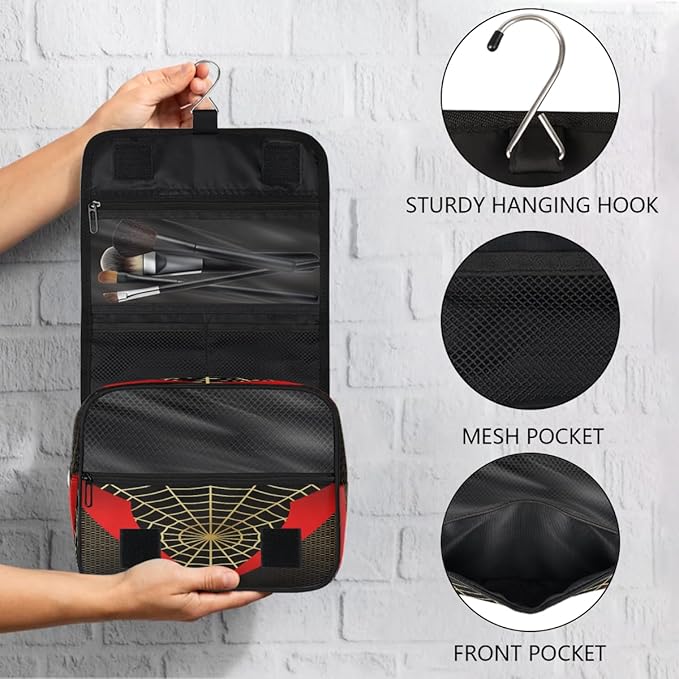 AUUXVA Kids Hanging Toiletry Bag for Boys - Waterproof Travel Cosmetic Organizer Makeup Pouch for Girls Shower Wash Bags with Hanging Hook Toiletries Storage Bag(Spider Web)