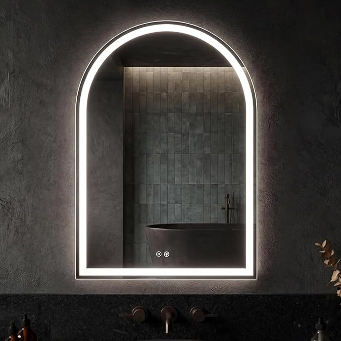 Sweetcrispy 28"×36" LED Arched Bathroom Mirror with Lights, Arched Lighted Bathroom Vanity Mirror with Anti-Fog, Dimmable, 3-Color Light, Memory Function, Tempered Glass