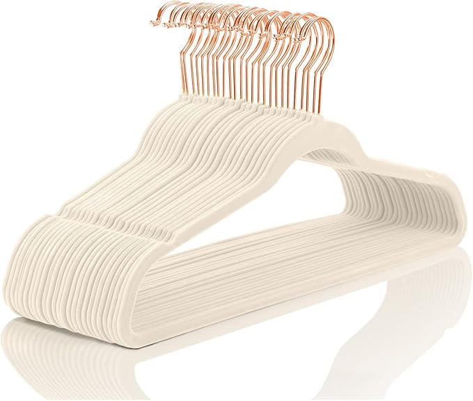 MIZGI Premium Velvet Suit Hangers with Rose Gold Hooks (60 Pack) - Space Saving, Non Slip Felt, Ivory