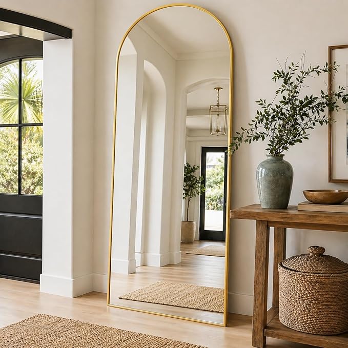 Full Length Mirror, 71"x27" Arched Floor Mirror Freestanding, Floor Standing Full Body Mirror with Stand for Bedroom, Hanging Mounted for Living Room Cloakroom, Gold