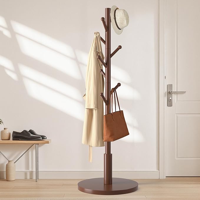 Coat Rack Freestanding Wooden Coat Tree Stand with 8 Round-tip Hooks, 3 Adjustable heights Coat Hat Rack for Entryway,Bedroom,Hallway,Office (Brown)