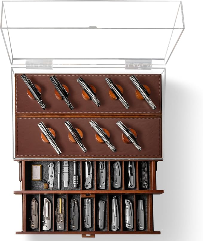 Premium Pocket Knife Display Case for 50 Knives - Extra Large Wooden Knife Organizer, Storage & Holder with Unique Pillars, 2 Drawers - Knife Collection Box - Handcrafted Father's Day Present for Men